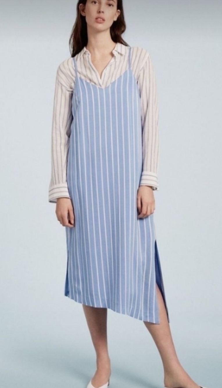 Club Monaco Sz 12 Minimalist Slip Fress blue striped Asymmetrical Hem Beach